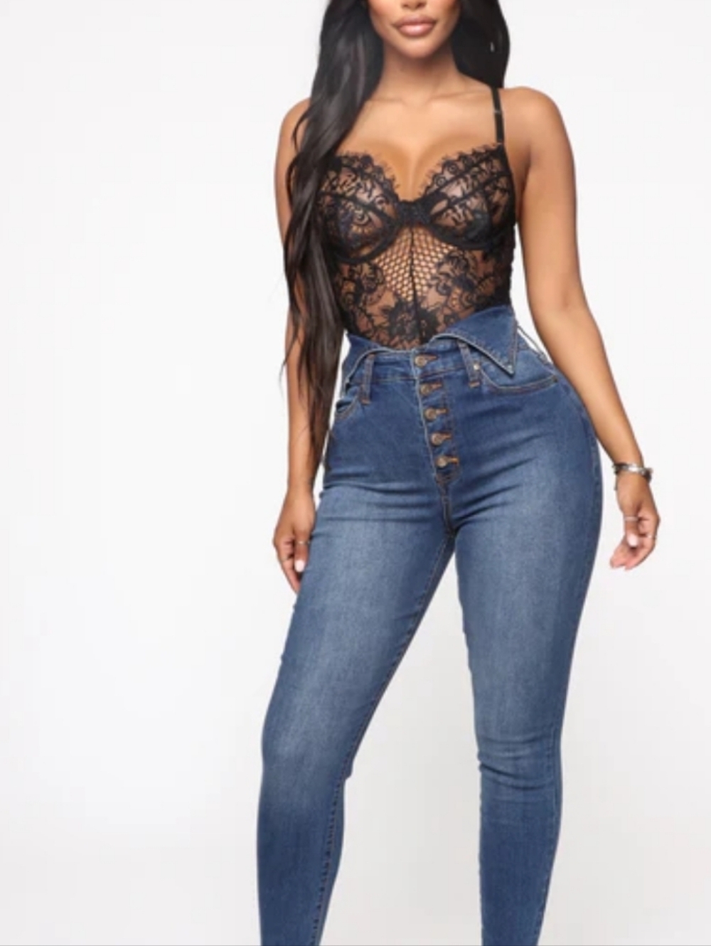 Fashion Nova High-Rise Button-Fly Skinny Jeans - Blue Denim